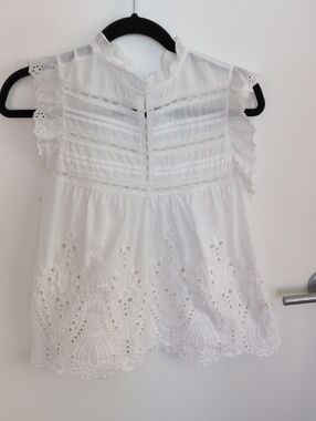 Adiva White Ruffled Collar Blouse Eyelet Lace Inset